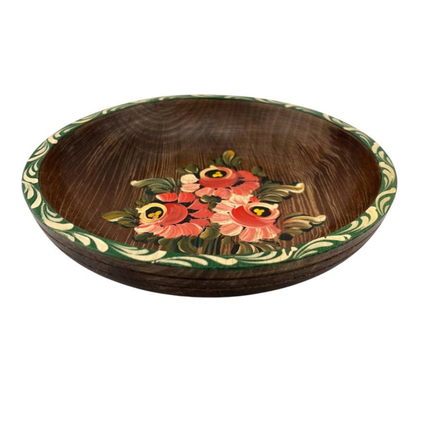 Mid-Century Hand-Painted Folk Art Wooden Bowl, Floral Tole Design