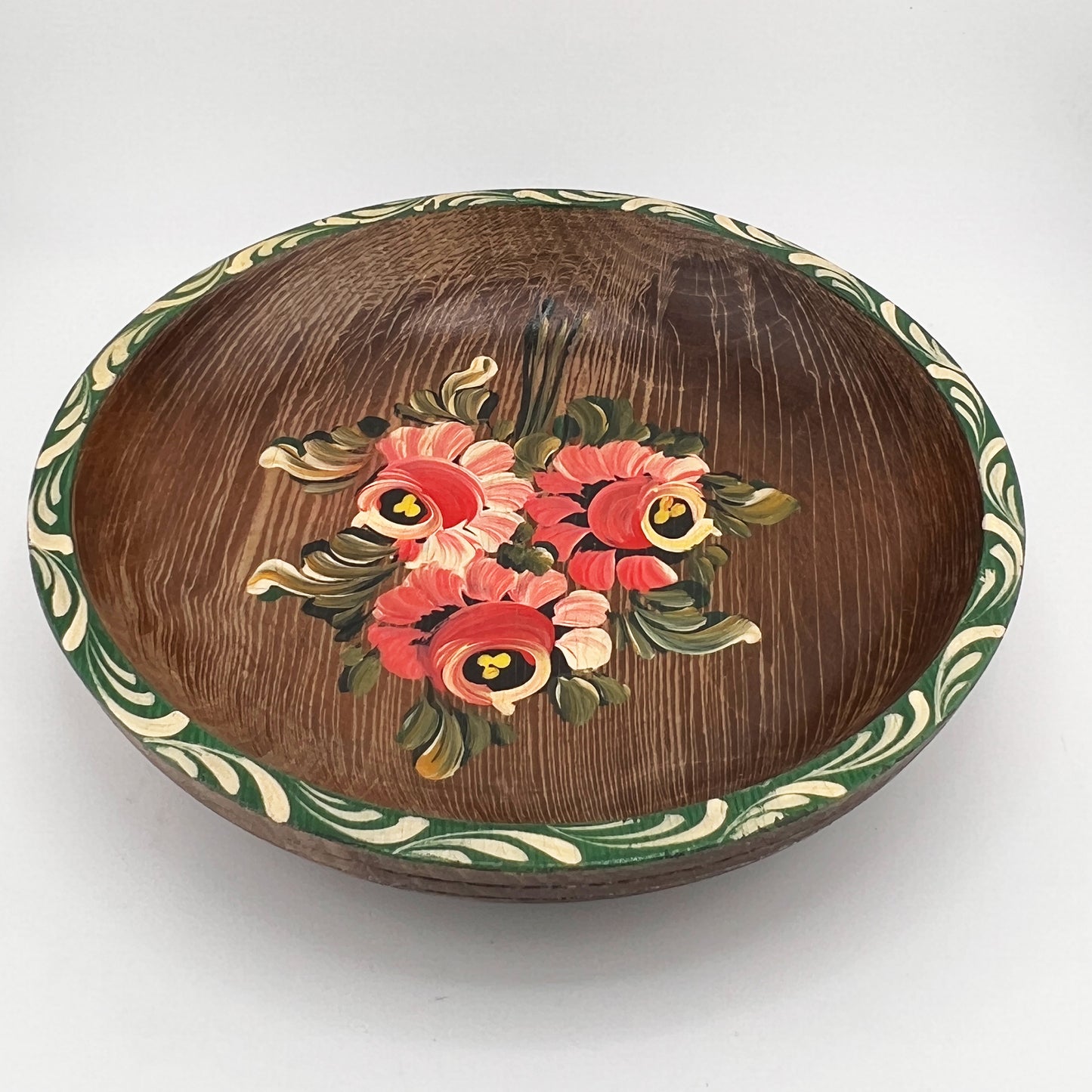 Mid-Century Hand-Painted Folk Art Wooden Bowl, Floral Tole Design