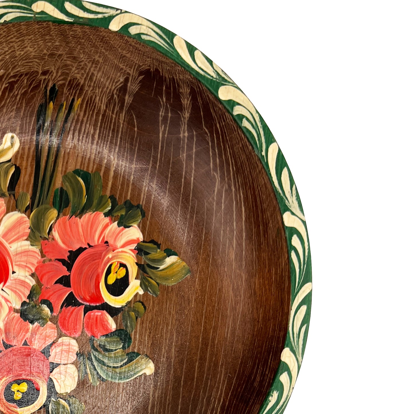 Mid-Century Hand-Painted Folk Art Wooden Bowl, Floral Tole Design