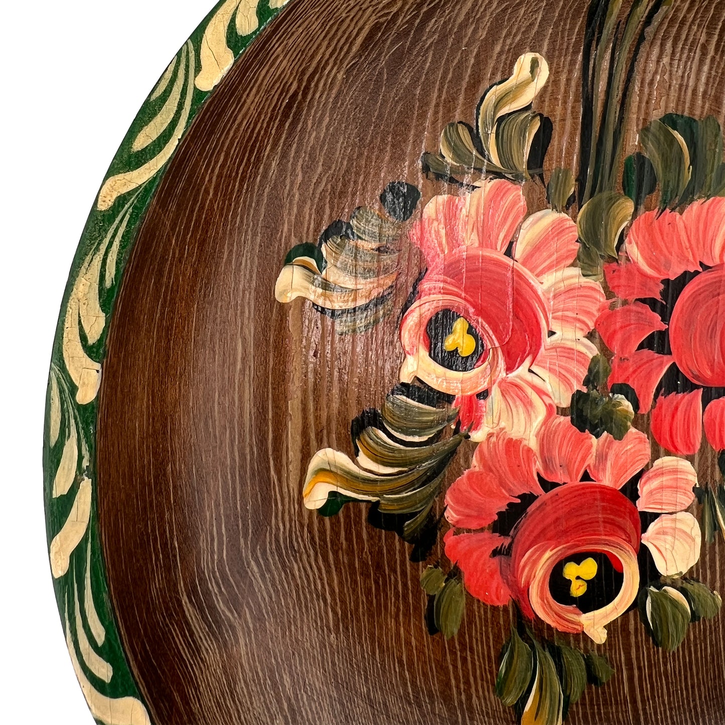 Mid-Century Hand-Painted Folk Art Wooden Bowl, Floral Tole Design