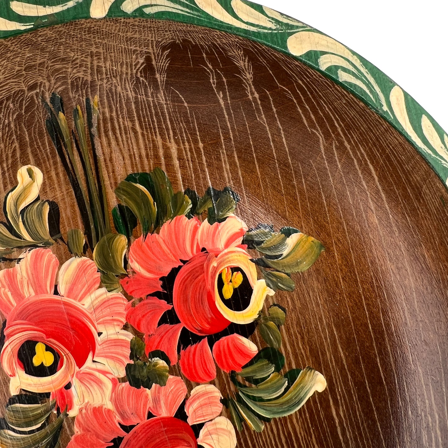 Mid-Century Hand-Painted Folk Art Wooden Bowl, Floral Tole Design