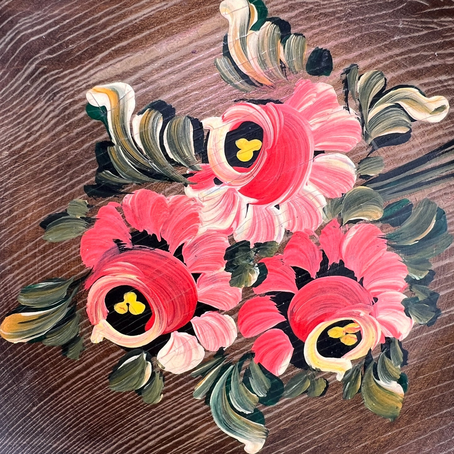 Mid-Century Hand-Painted Folk Art Wooden Bowl, Floral Tole Design