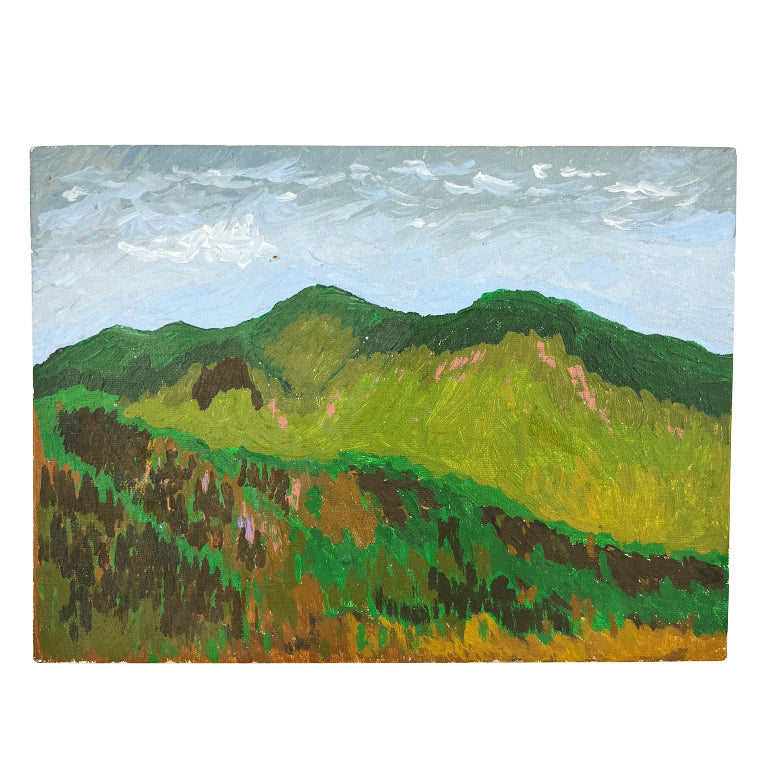Vintage Green Mountain Landscape – Mid-Century Modern Oil Painting on Board