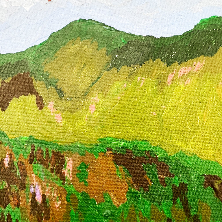 Vintage Green Mountain Landscape – Mid-Century Modern Oil Painting on Board