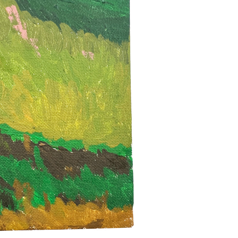 Vintage Green Mountain Landscape – Mid-Century Modern Oil Painting on Board