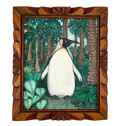 Vintage Penguin Painting in Hand-Carved Frame – Surrealist Tropical Scene