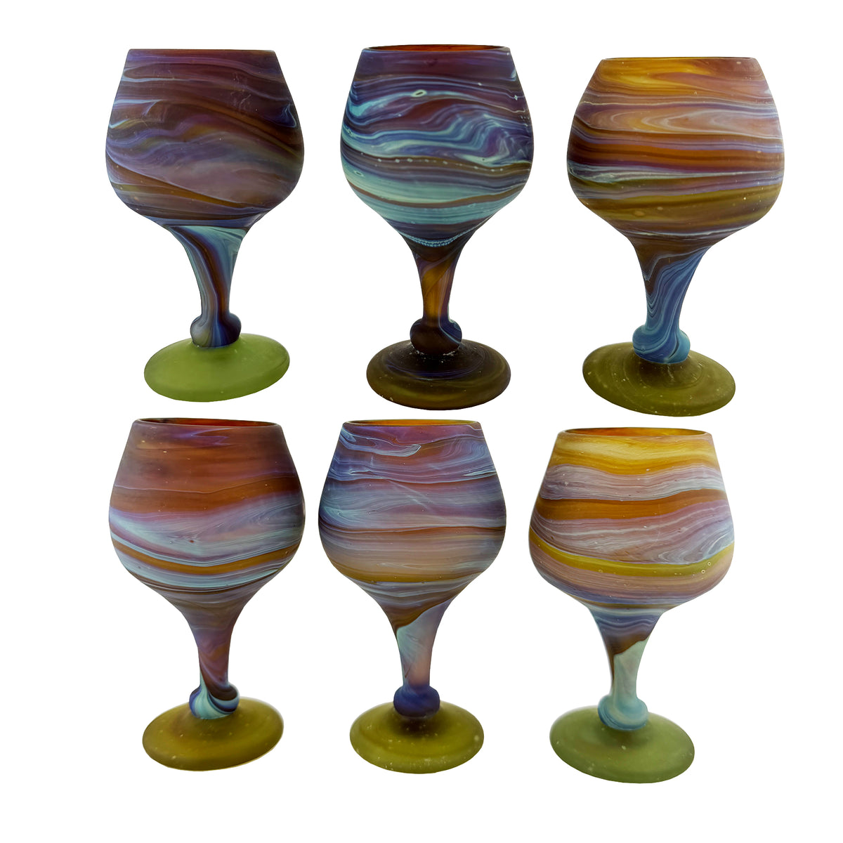 Set of Six Vintage Hebron Phoenician Handblown Glass Wine Goblets