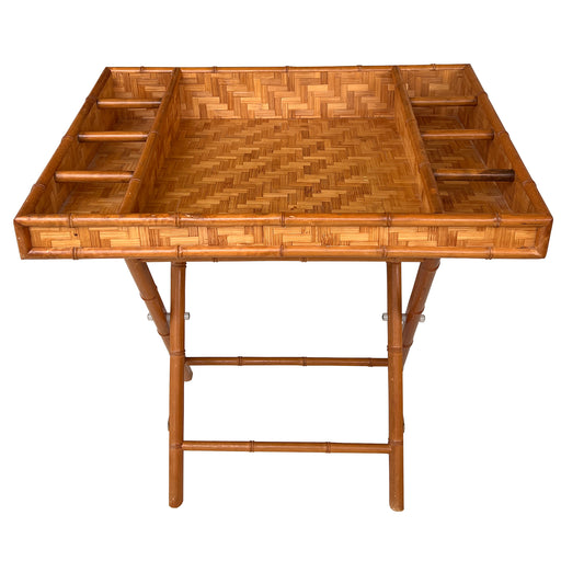 Vintage Bamboo and Woven Rattan Folding Butler Tray Stand, Coastal Campaign