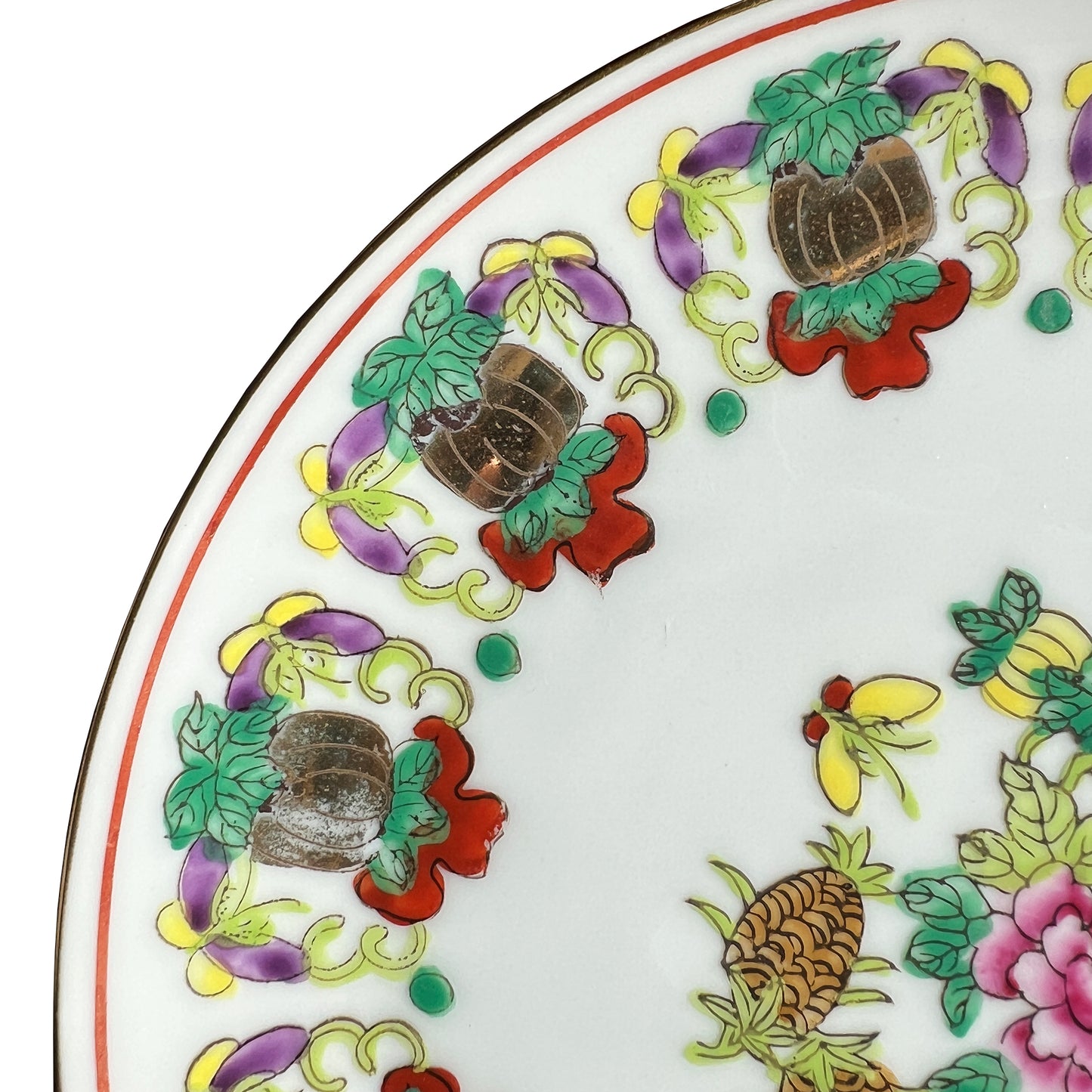 Antique Chinoiserie Famille Rose Porcelain Plate with Pineapple & Floral Motifs