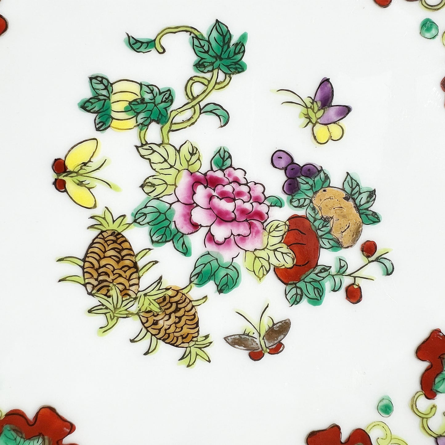 Antique Chinoiserie Famille Rose Porcelain Plate with Pineapple & Floral Motifs