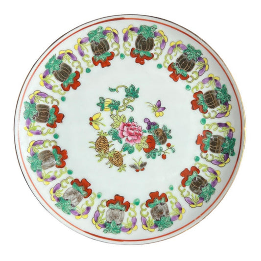 Antique Chinoiserie Famille Rose Porcelain Plate with Pineapple & Floral Motifs