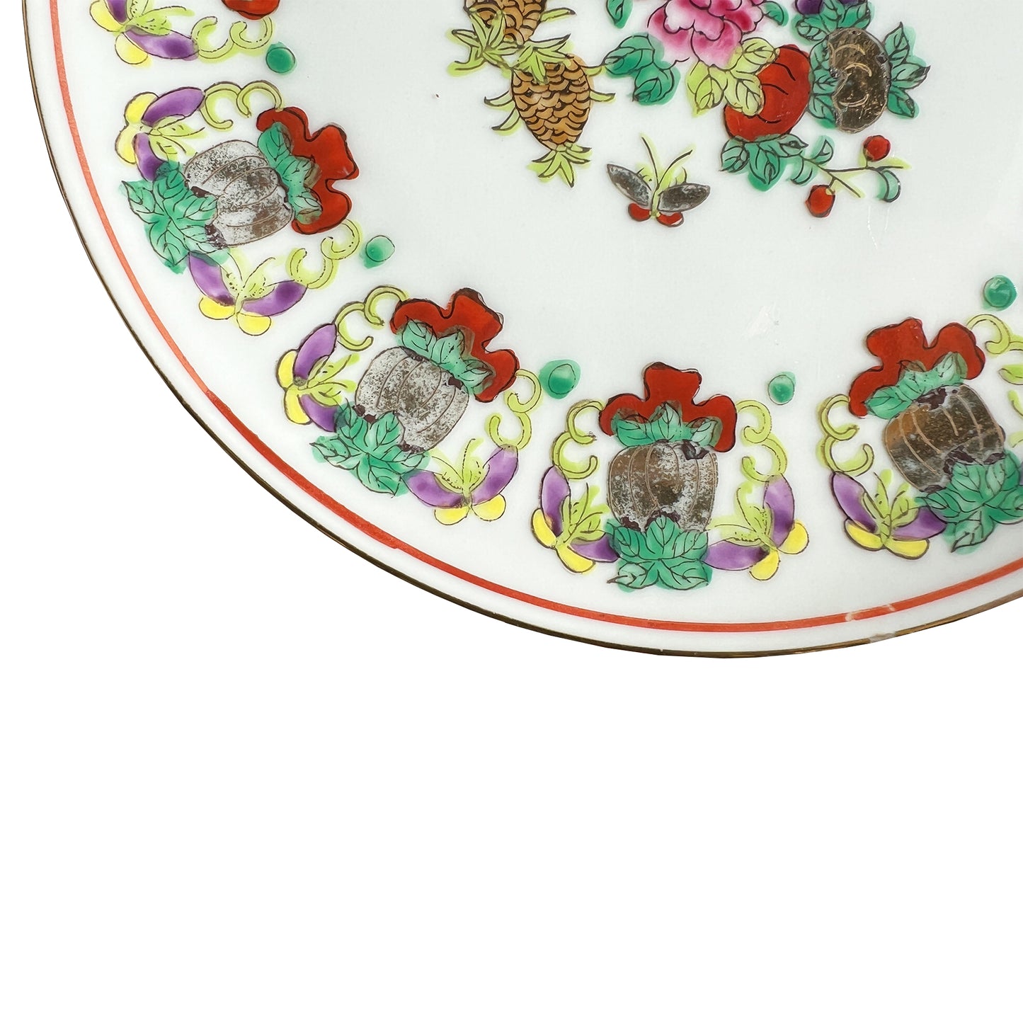 Antique Chinoiserie Famille Rose Porcelain Plate with Pineapple & Floral Motifs