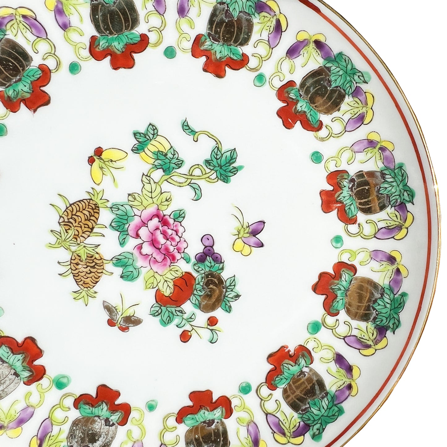 Antique Chinoiserie Famille Rose Porcelain Plate with Pineapple & Floral Motifs