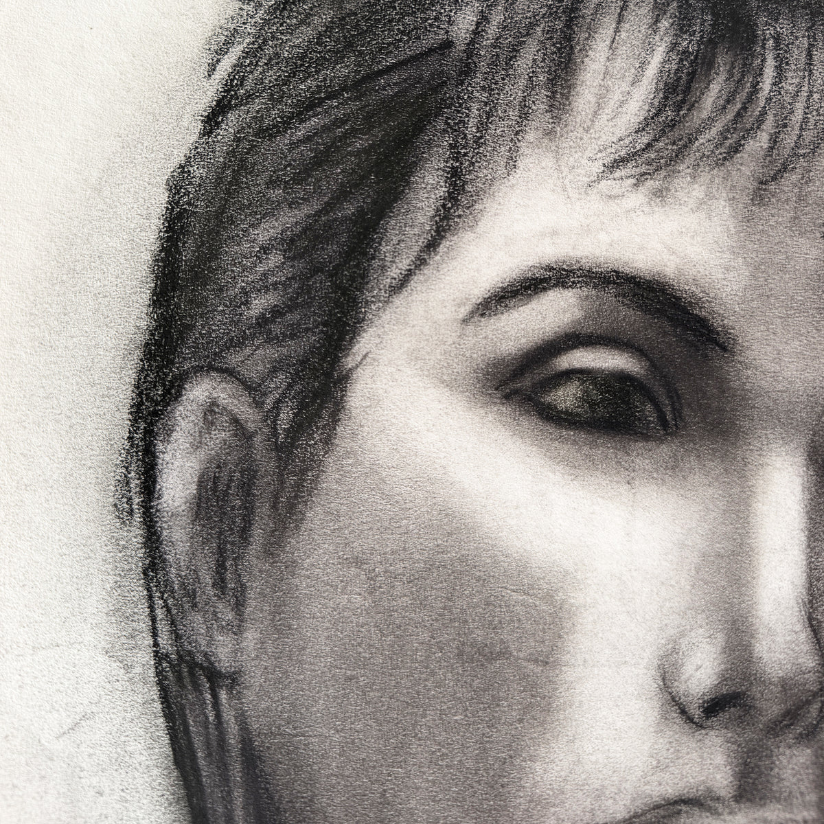 Mid Century Black and White Charcoal Portrait Drawing of a Woman With Short Hair - Signed