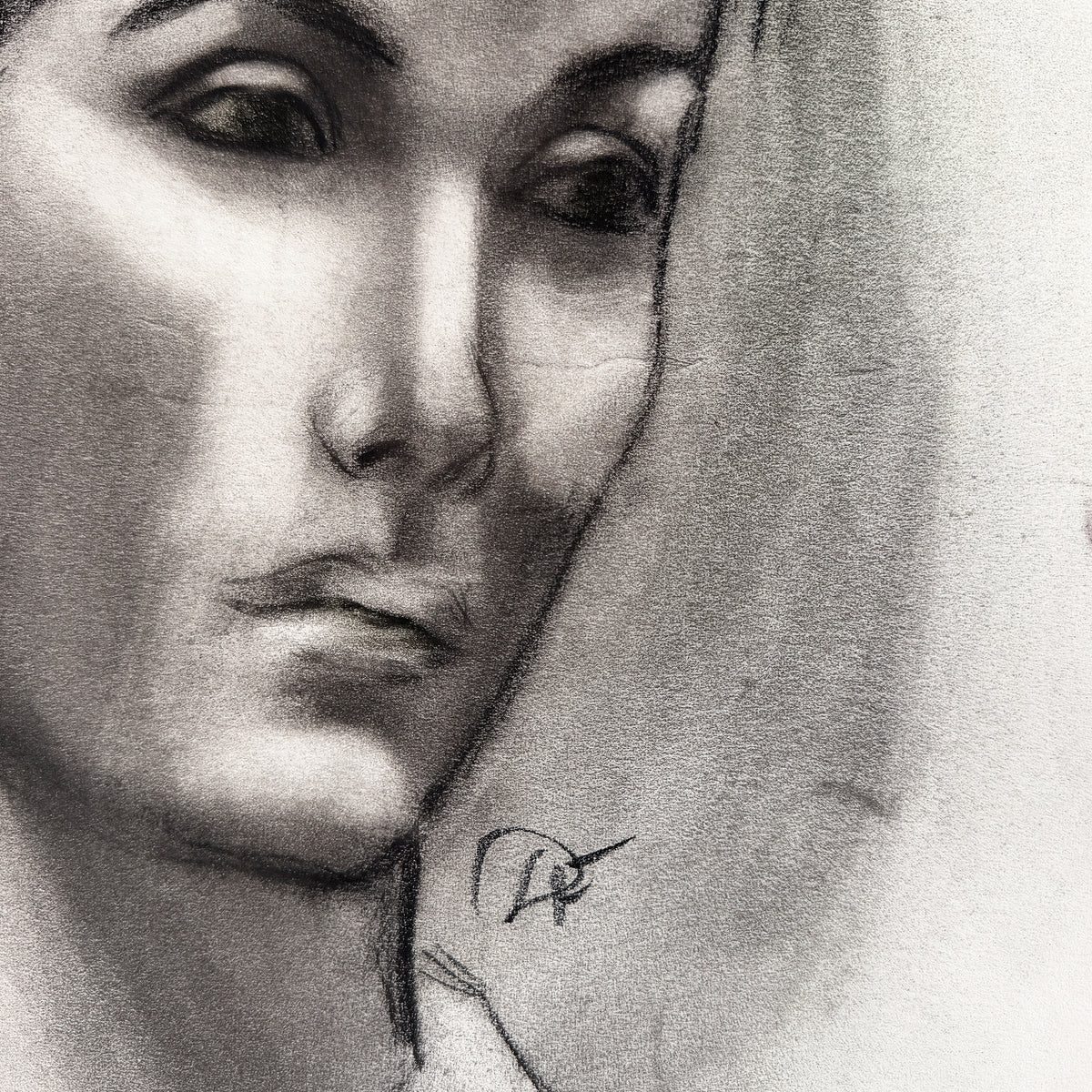 Mid Century Black and White Charcoal Portrait Drawing of a Woman With Short Hair - Signed