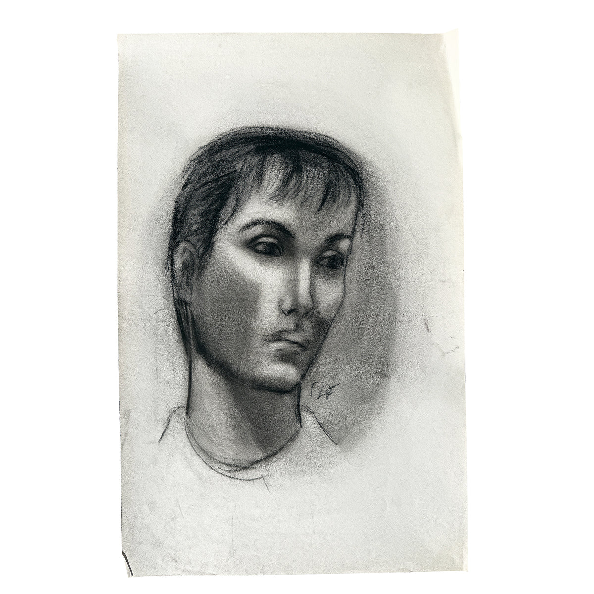 Mid Century Black and White Charcoal Portrait Drawing of a Woman With Short Hair - Signed