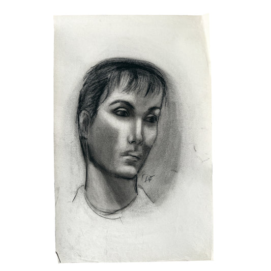Mid Century Black and White Charcoal Portrait Drawing of a Woman With Short Hair - Signed