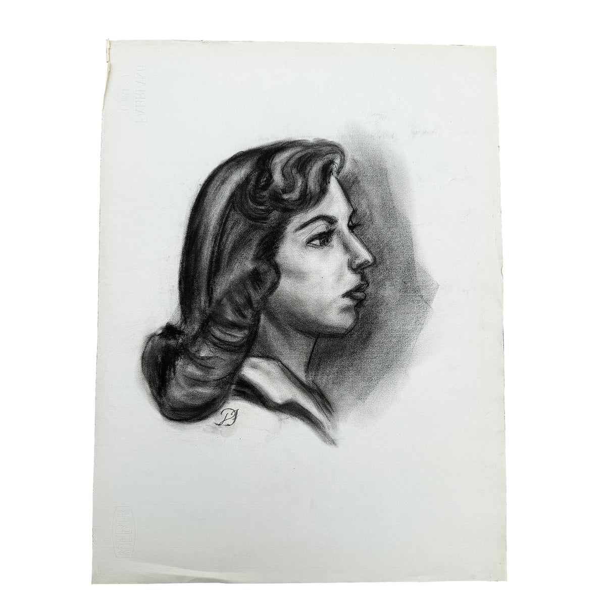 Vintage Charcoal Portrait Drawing of a Woman with Headband and Swept Curls