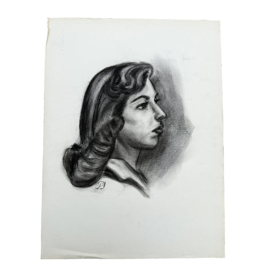 Vintage Charcoal Portrait Drawing of a Woman with Headband and Swept Curls