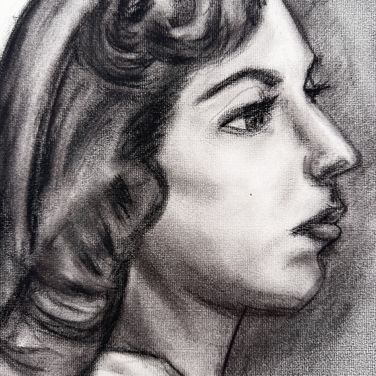 Vintage Charcoal Portrait Drawing of a Woman with Headband and Swept Curls