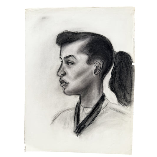 Vintage Charcoal Portrait Drawing of a Woman in Profile with Ponytail