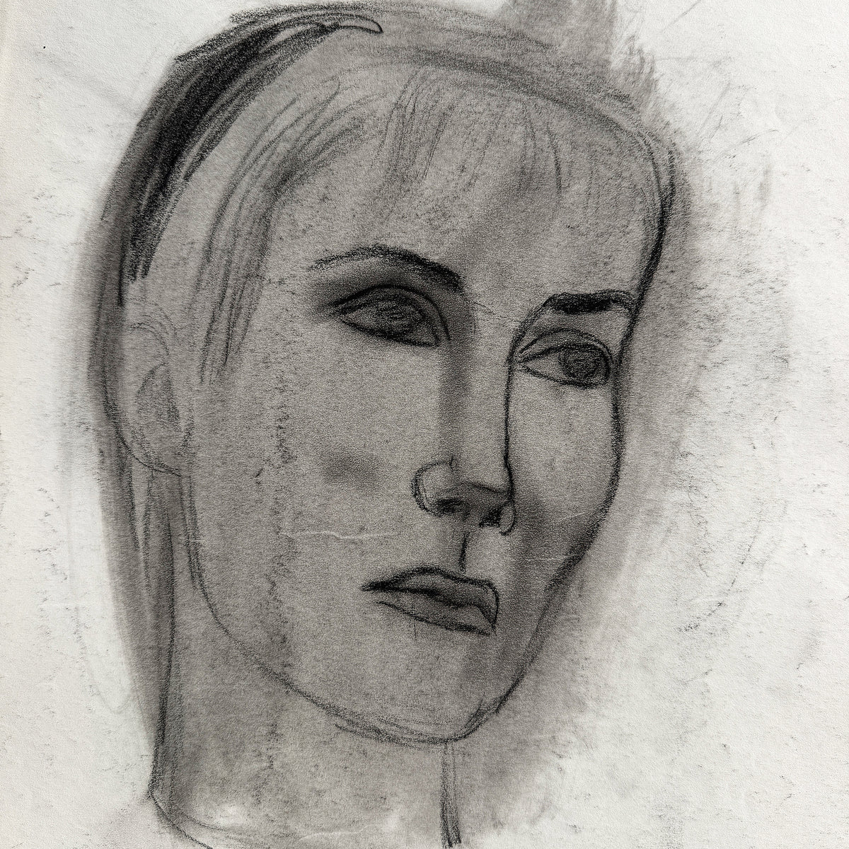 Mid Century Black and White Charcoal Portrait Drawing of a Woman With Short Hair - Signed