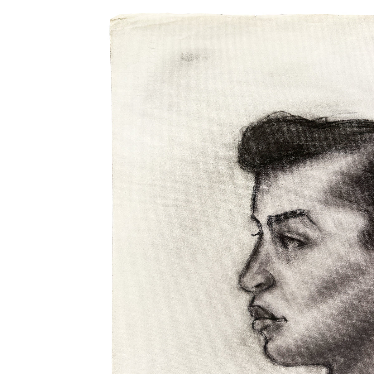 Vintage Charcoal Portrait Drawing of a Woman in Profile with Ponytail