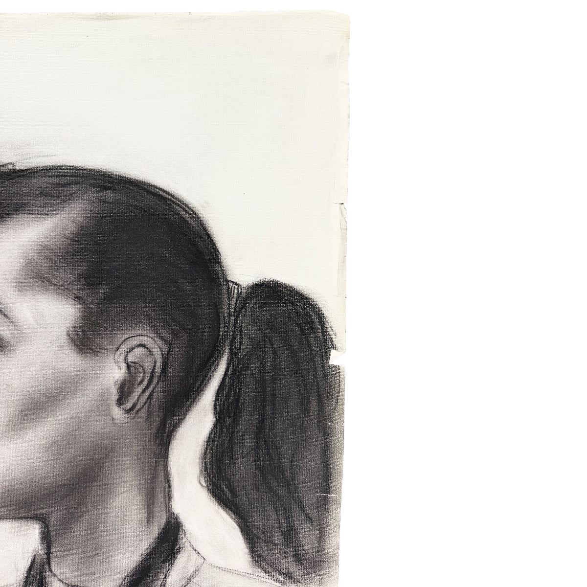 Vintage Charcoal Portrait Drawing of a Woman in Profile with Ponytail