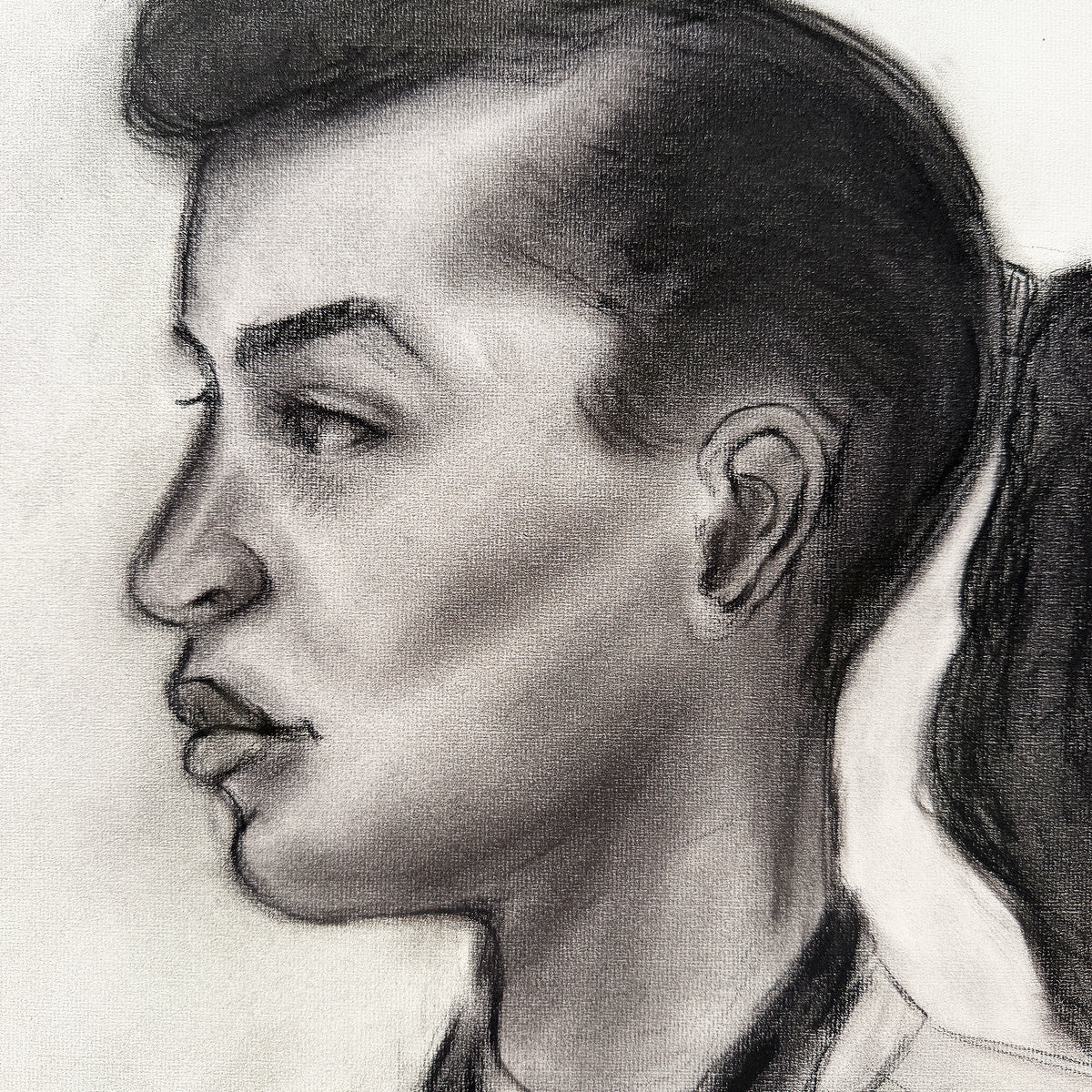 Vintage Charcoal Portrait Drawing of a Woman in Profile with Ponytail