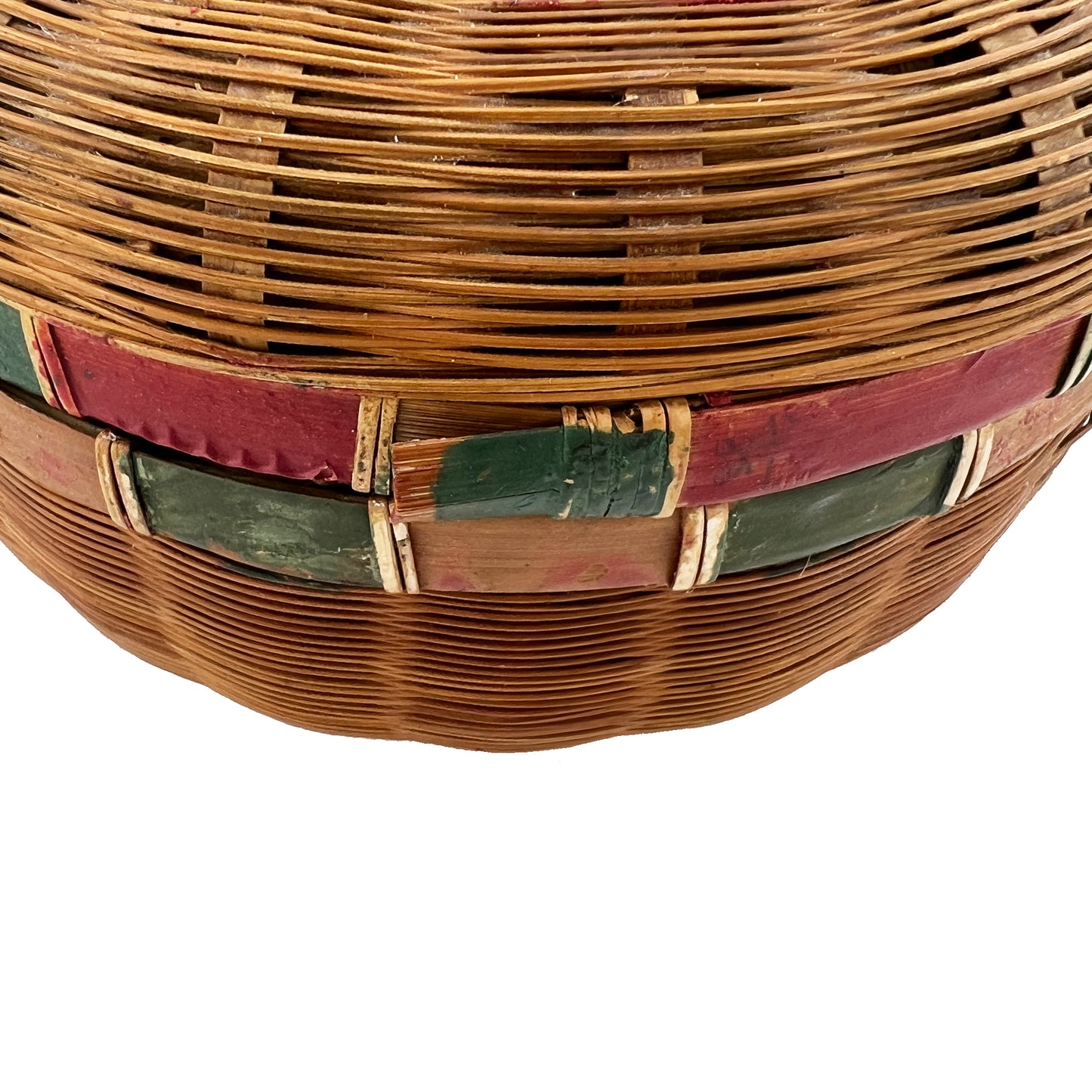 Antique Round Lidded Painted Wicker Sewing Basket with Red & Green Decoration