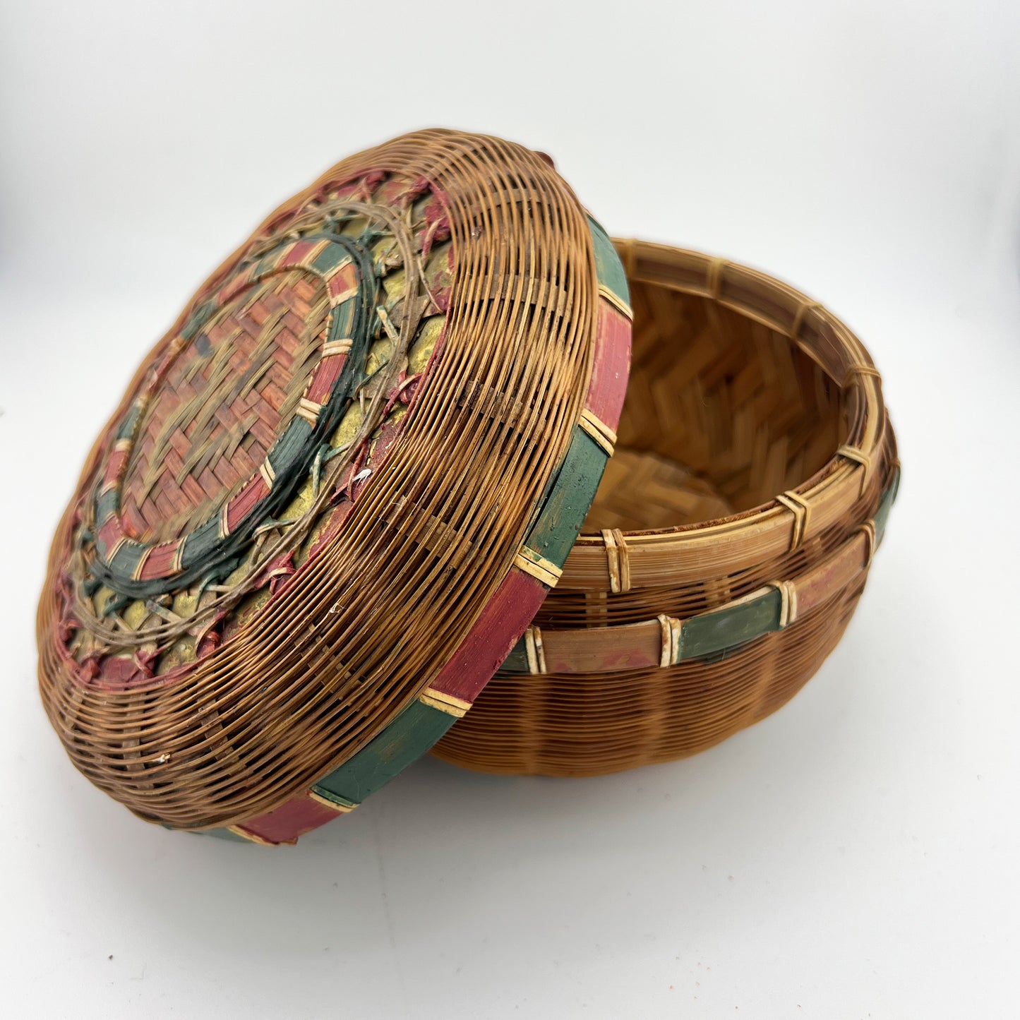 Antique Round Lidded Painted Wicker Sewing Basket with Red & Green Decoration
