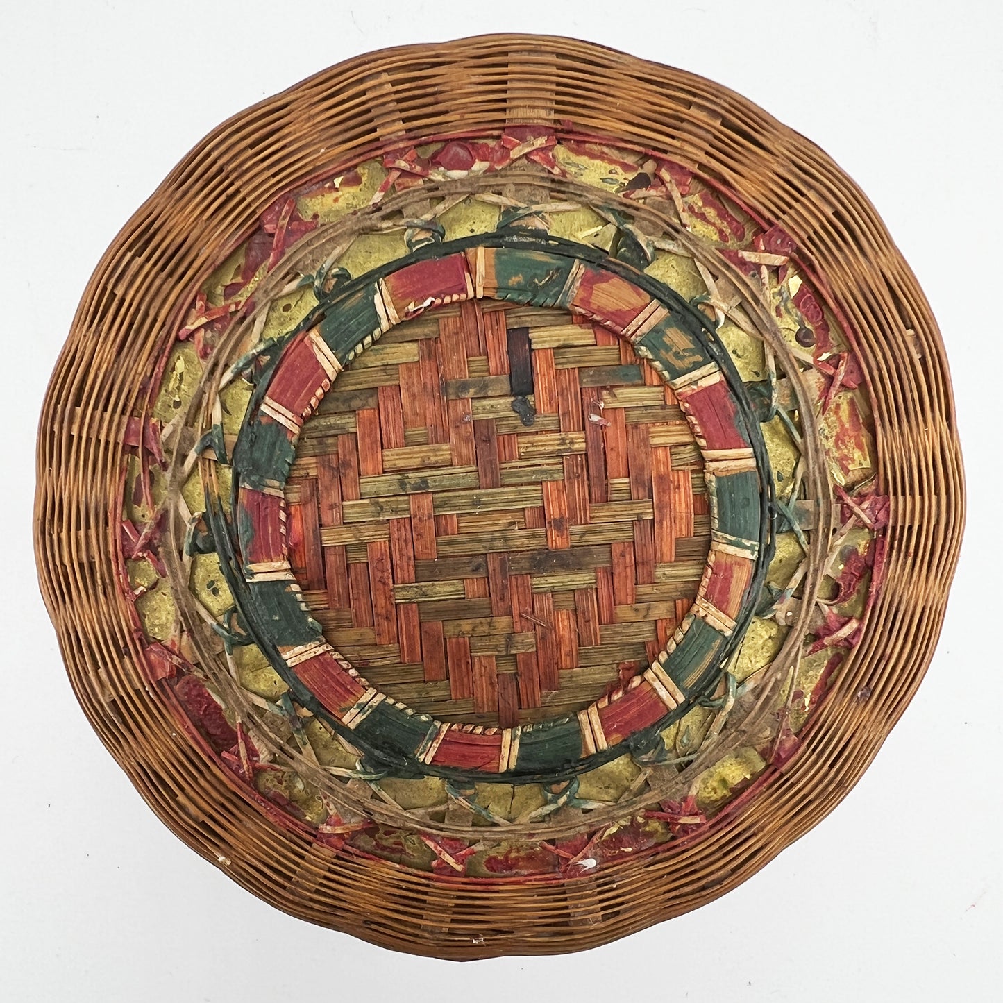 Antique Round Lidded Painted Wicker Sewing Basket with Red & Green Decoration