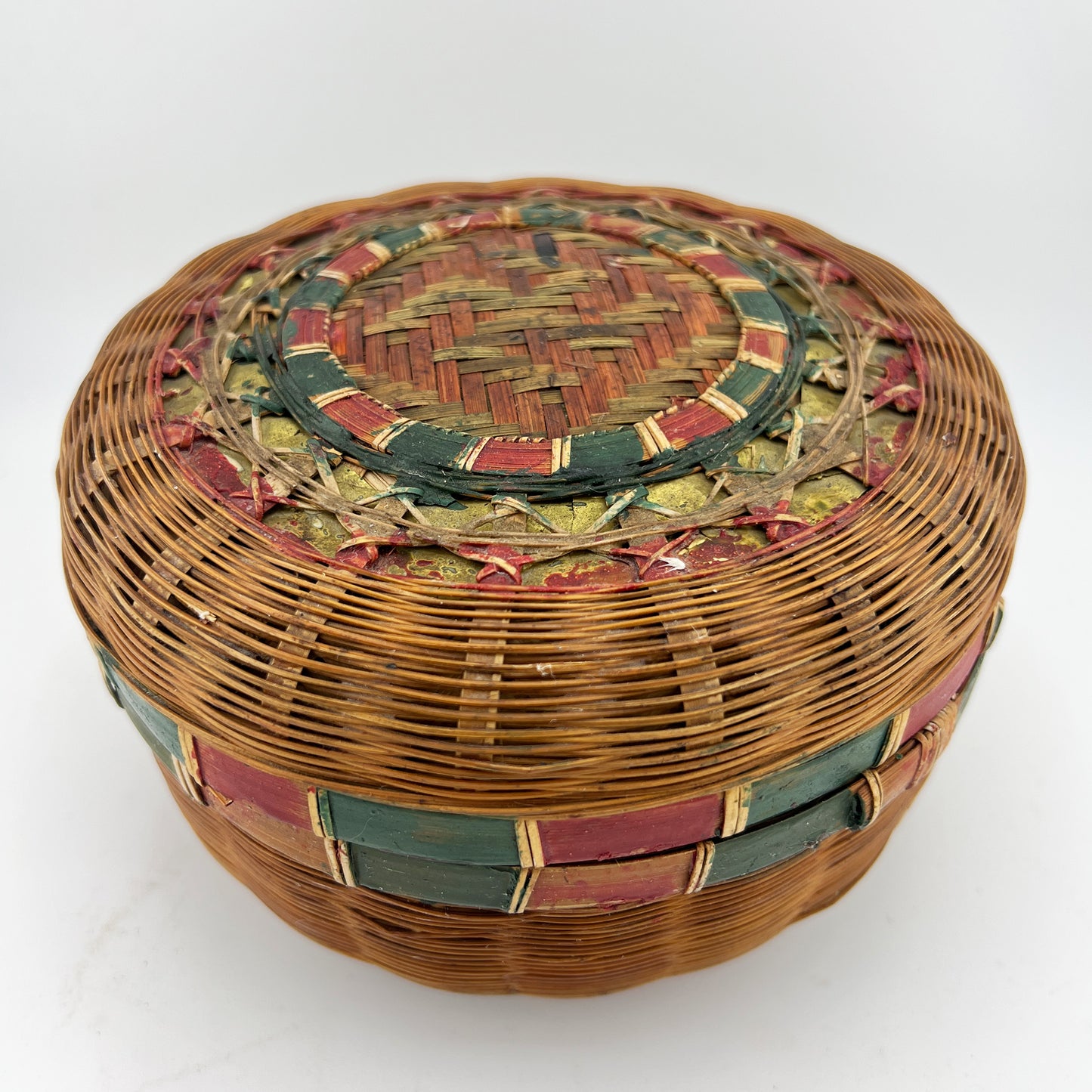 Antique Round Lidded Painted Wicker Sewing Basket with Red & Green Decoration
