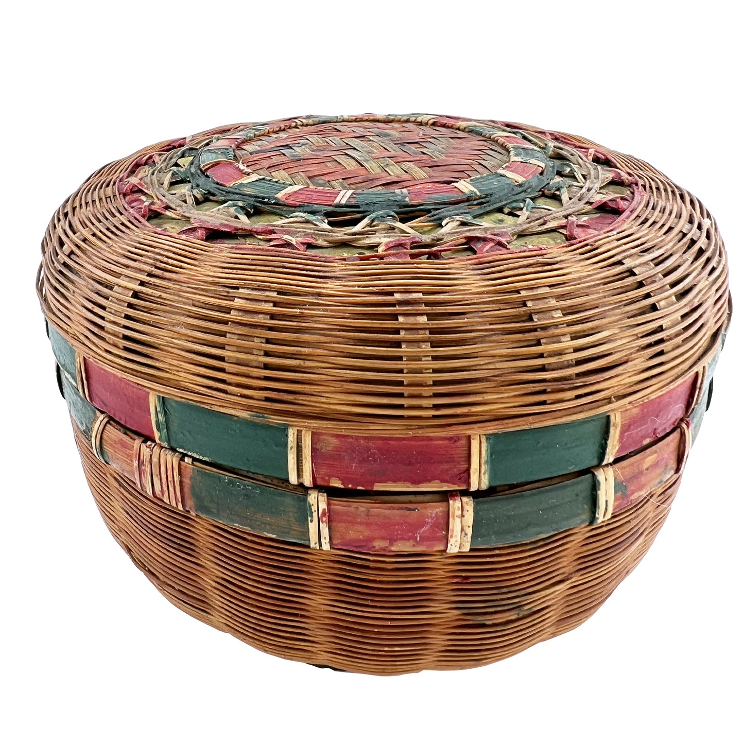 Antique Round Lidded Painted Wicker Sewing Basket with Red & Green Decoration
