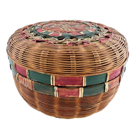Antique Round Lidded Painted Wicker Sewing Basket with Red & Green Decoration