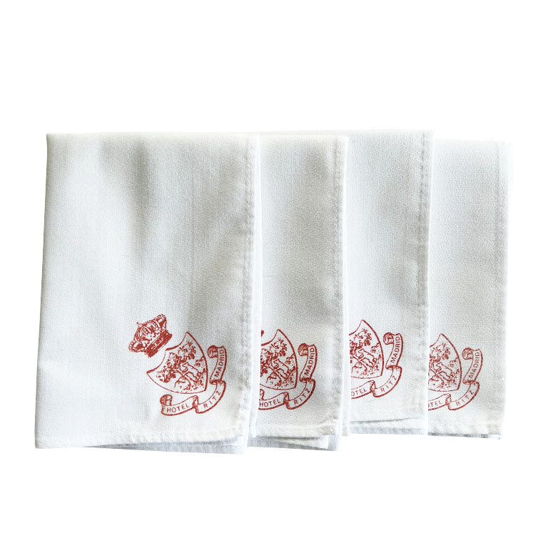 Vintage Hotel Ritz Madrid Linen Table Napkins in Red and White, Set of 4