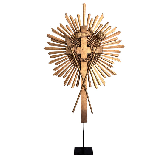 Monumental Spanish Colonial Giltwood Sunburst Reliquary Cross, New Mexico 1700s