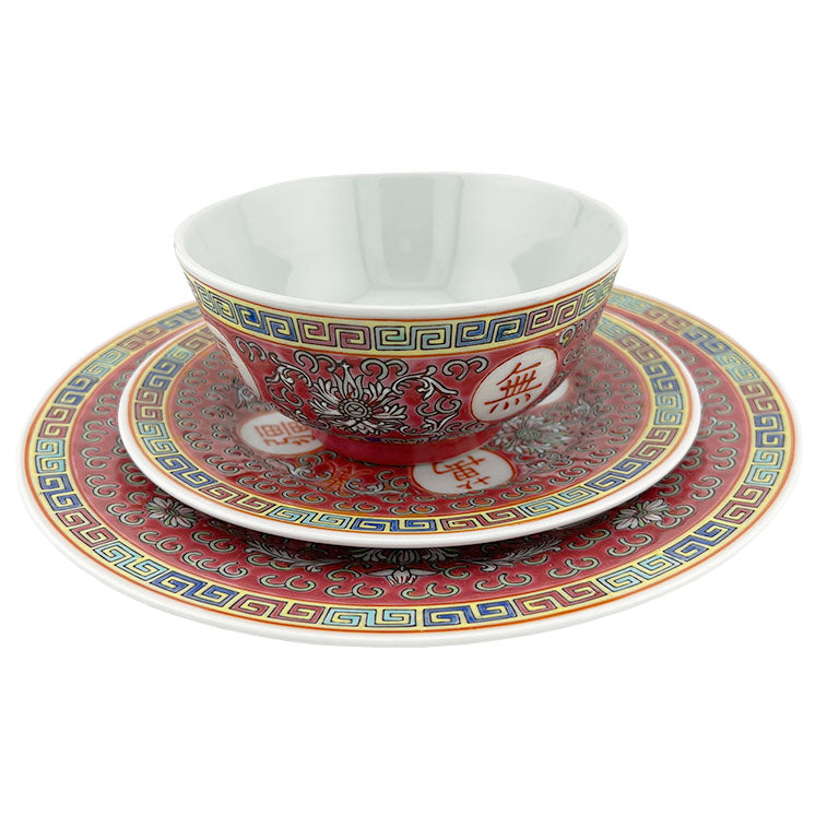 Vibrant Vintage Chinese Famille Rose Dinnerware Set - Set of 6