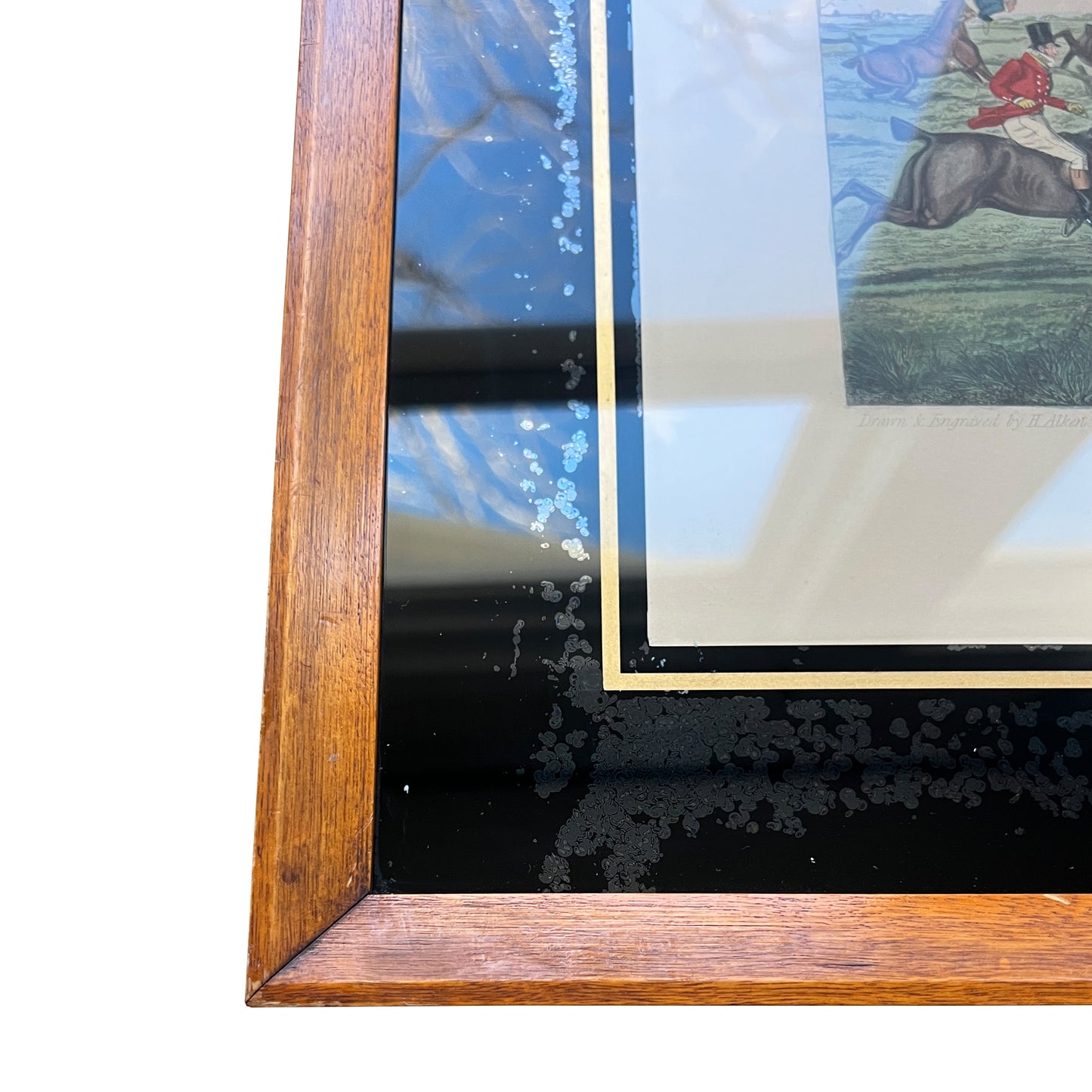 Antique English Framed Fox Horse Back Hunting Print — “Slap at a Brook” 1800s