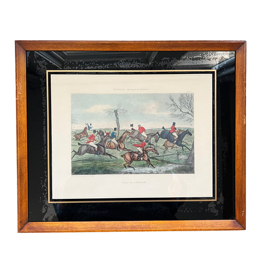 Antique English Framed Fox Horse Back Hunting Print — “Slap at a Brook” 1800s
