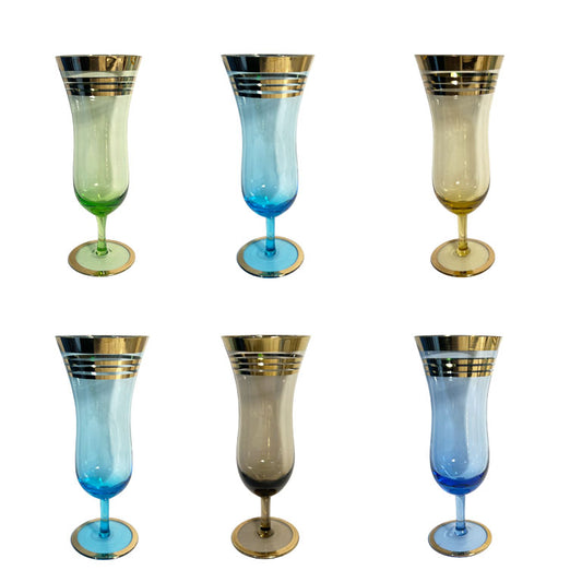 Mid Century  Multicolor Gold Rim Hurricane or Cyclone Glassware - Set of 6