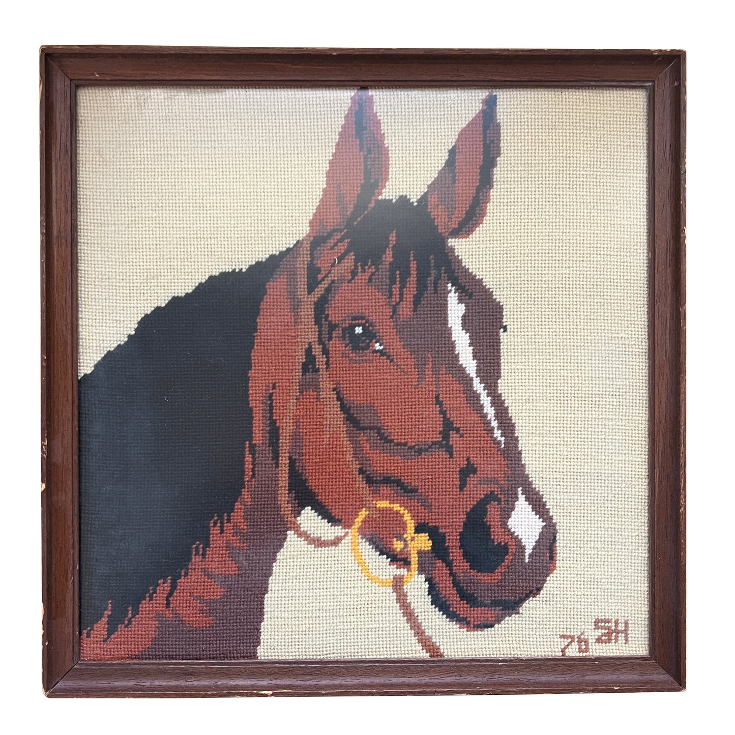 Framed Vintage Equestrian Needlepoint Horse Portrait, Signed & Dated 1978