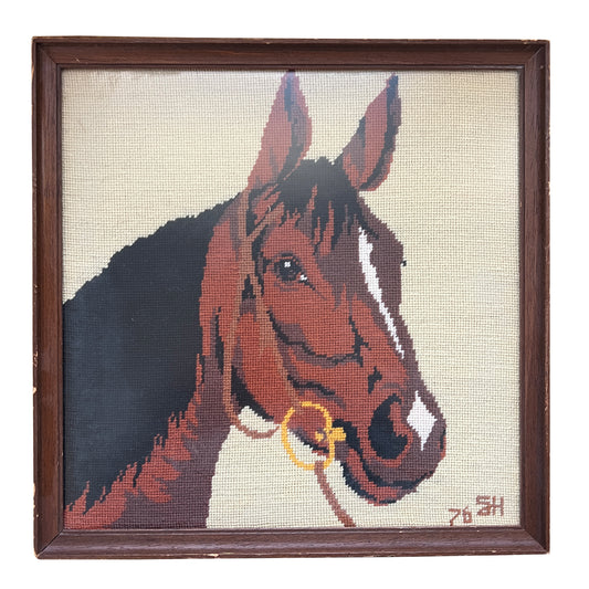 Framed Vintage Equestrian Needlepoint Horse Portrait, Signed & Dated 1978