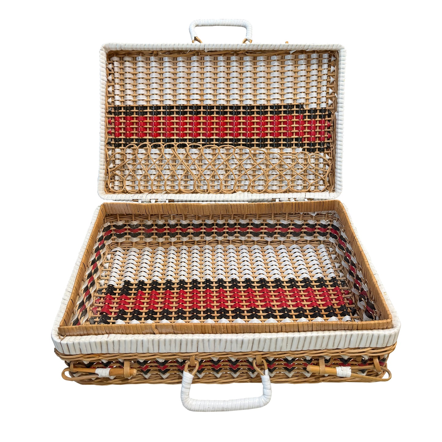 Vintage Gucci Inspired Bamboo Wicker Picnic Basket Case with Red, Black and White Striped Weave