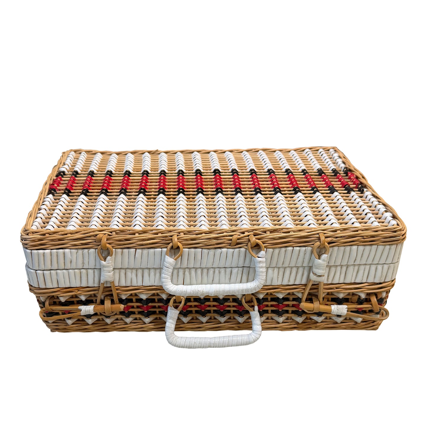 Vintage Gucci Inspired Bamboo Wicker Picnic Basket Case with Red, Black and White Striped Weave