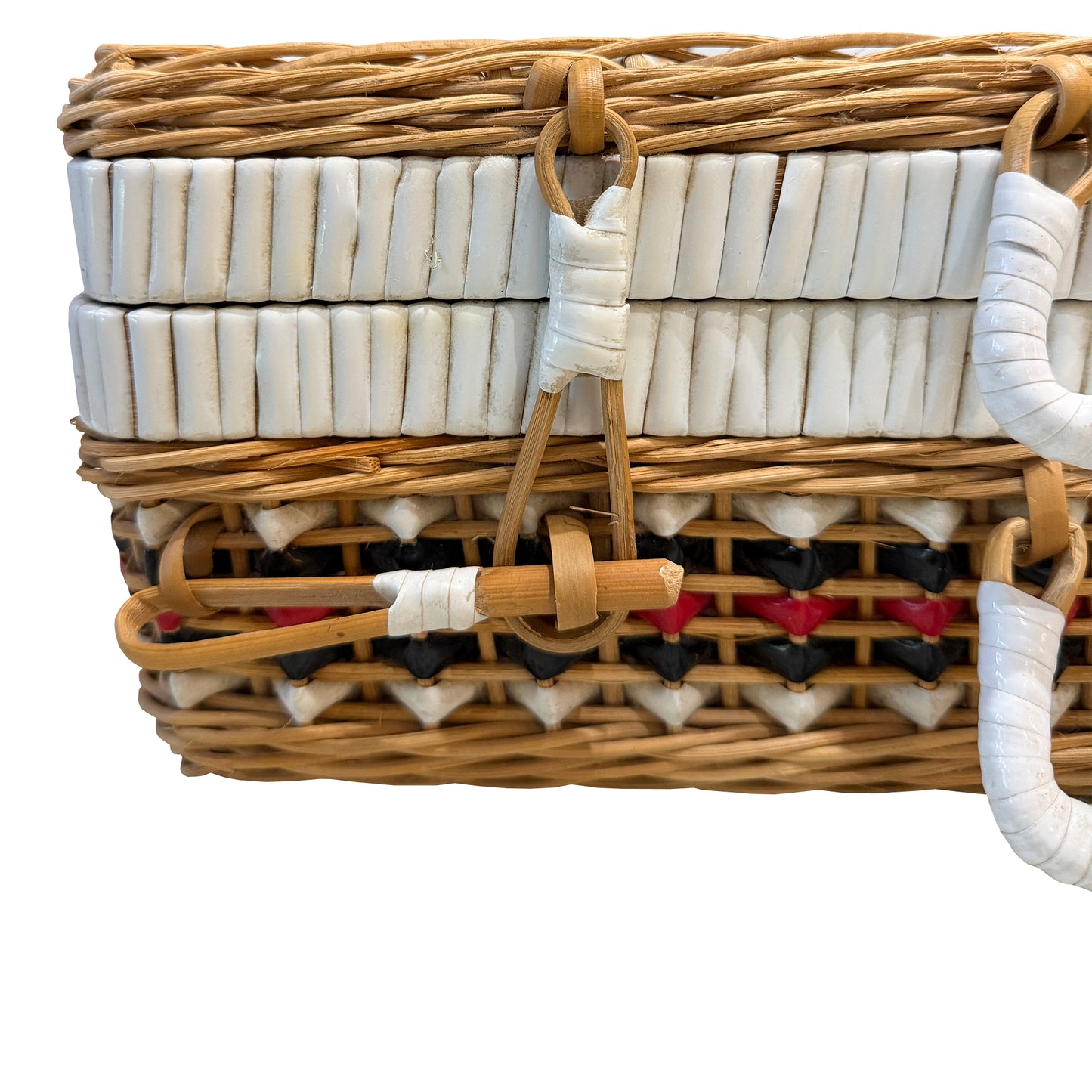 Vintage Gucci Inspired Bamboo Wicker Picnic Basket Case with Red, Black and White Striped Weave