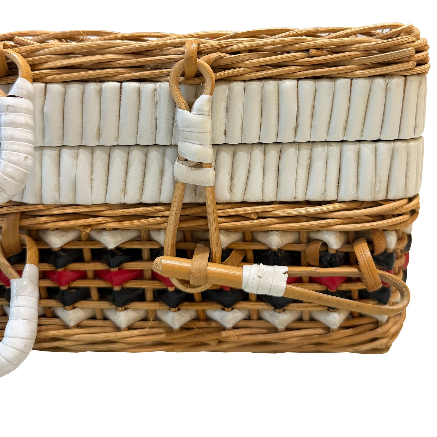 Vintage Gucci Inspired Bamboo Wicker Picnic Basket Case with Red, Black and White Striped Weave