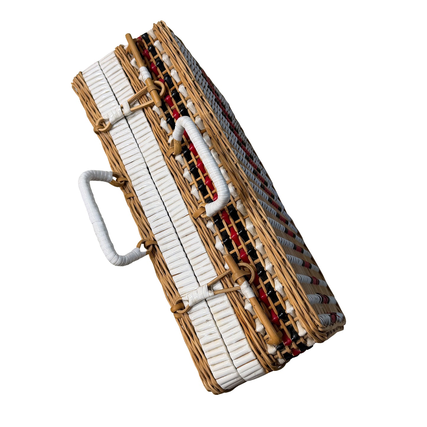 Vintage Gucci Inspired Bamboo Wicker Picnic Basket Case with Red, Black and White Striped Weave