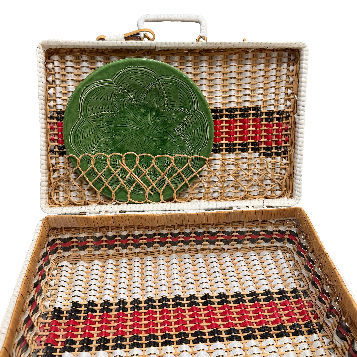 Vintage Gucci Inspired Bamboo Wicker Picnic Basket Case with Red, Black and White Striped Weave