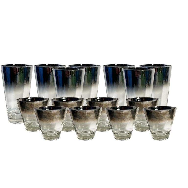 Dorothy Thorpe Silver Fade Banded Lusterware Barware Cocktail Glasses Set of 15